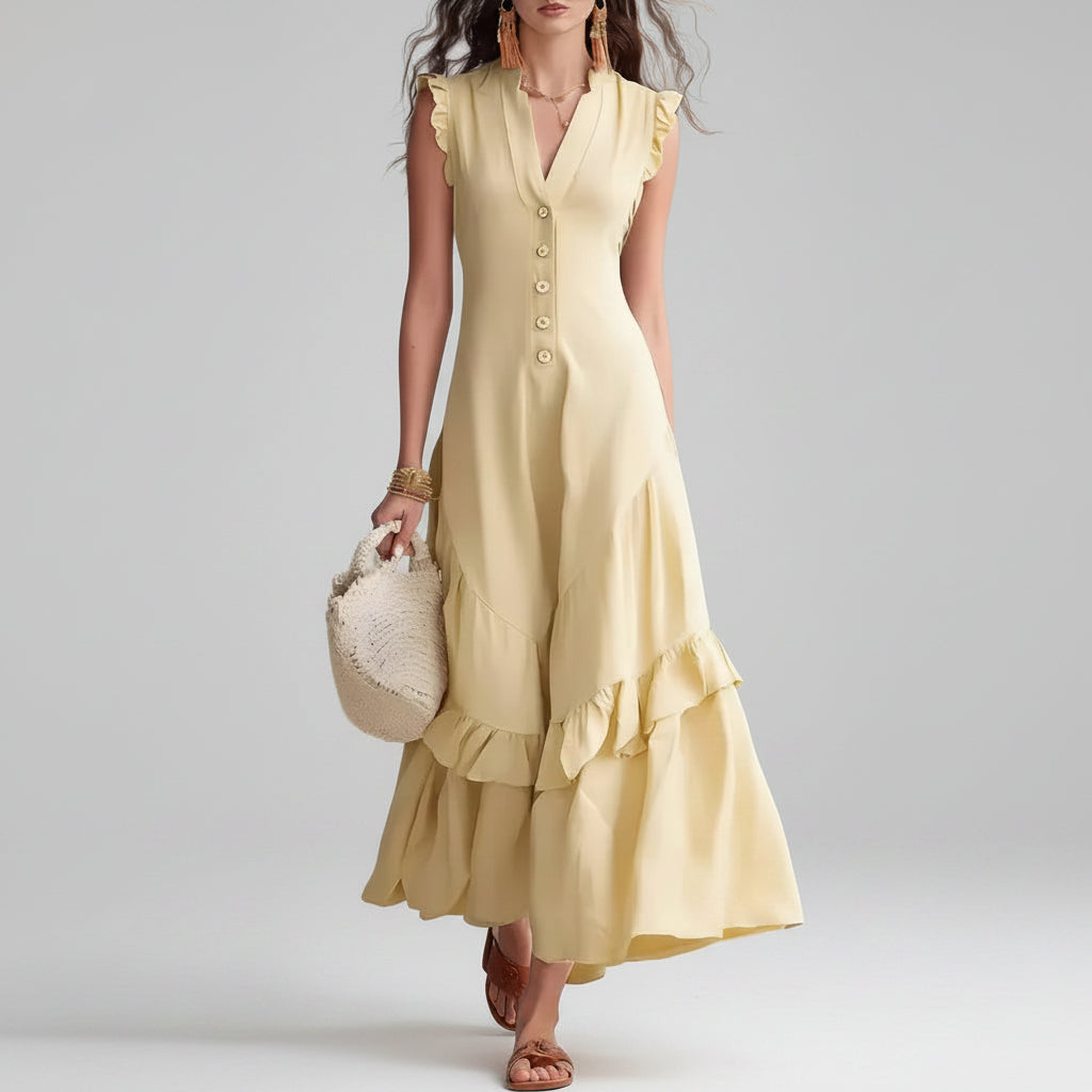 Damen Maxikleid mit Plissee | Ärmelloses Sommerkleid mit ausgestelltem Saum