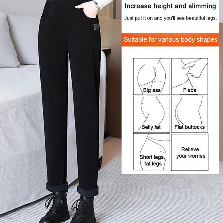 Damen Cordhose mit Fleecefutter | Hoch geschnittene Winterhose mit Taschen und leicht elastischer Passform