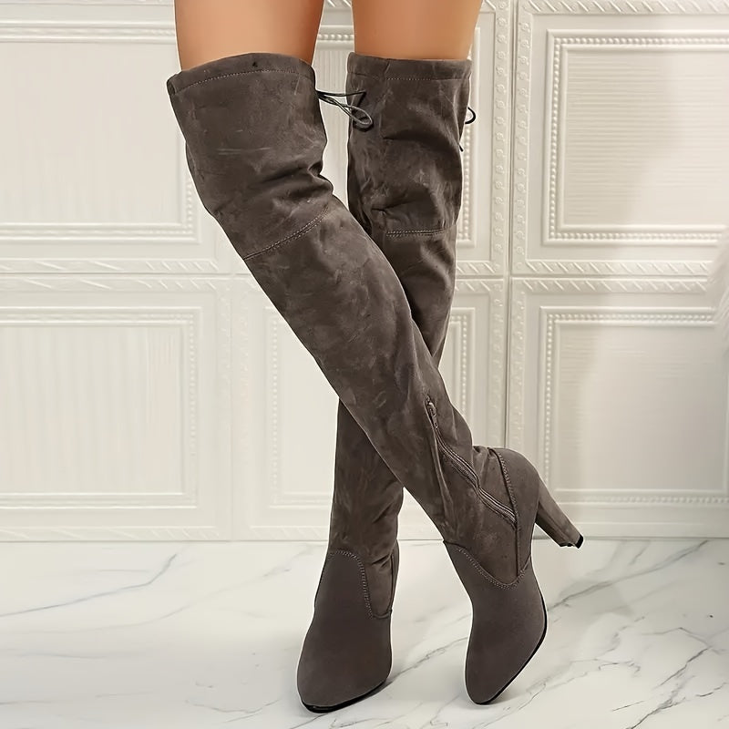 Damen Overknee Stiefel mit Blockabsatz und Reißverschluss | Hohe Stiefel über dem Knie mit runder Spitze für Alltag und Freizeit