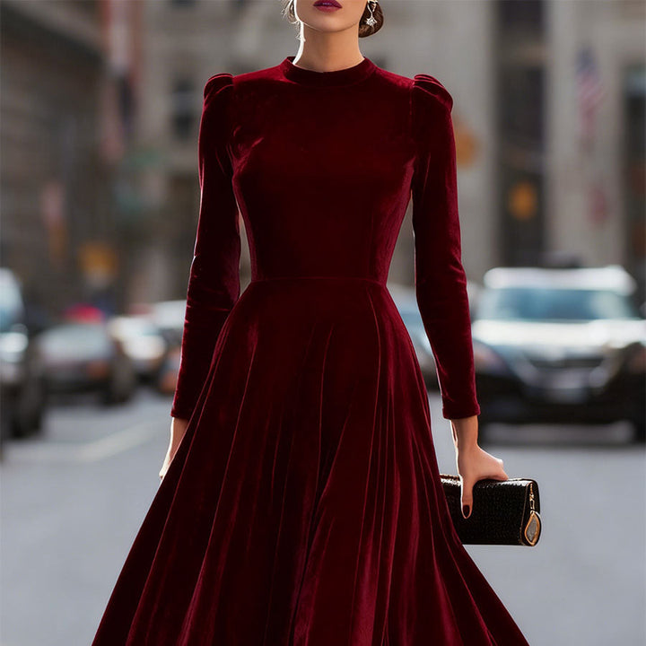 Damen Midikleid | Elegantes Langarmkleid mit tailliertem Oberteil, fließendem Rock und Schulterdetails für festliche Anlässe