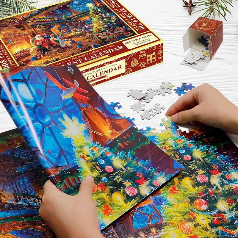 Weihnachts Puzzle Adventskalender mit 1008 Teilen | 24 Tage mit je 42 Puzzleteilen | Wiederverwendbare Boxen und Poster