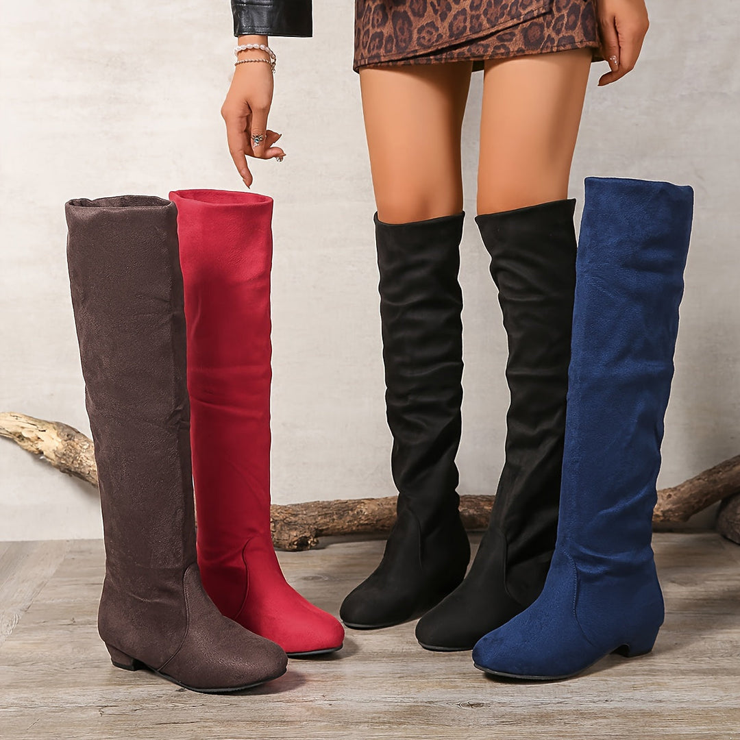 Damen Overknee Stiefel mit niedrigem Blockabsatz | Hohe Schlupfstiefel über dem Knie mit runder Spitze für Alltag und Freizeit