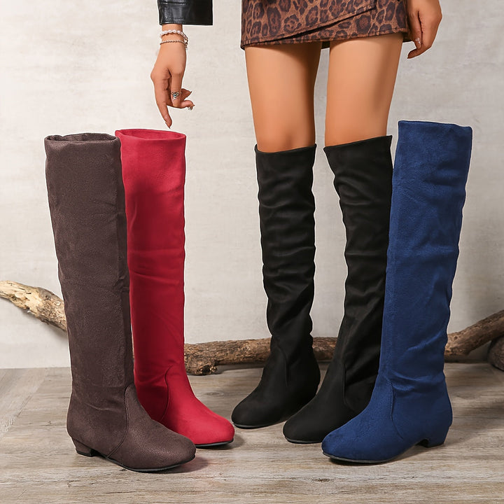Damen Overknee Stiefel mit niedrigem Blockabsatz | Hohe Schlupfstiefel über dem Knie mit runder Spitze für Alltag und Freizeit