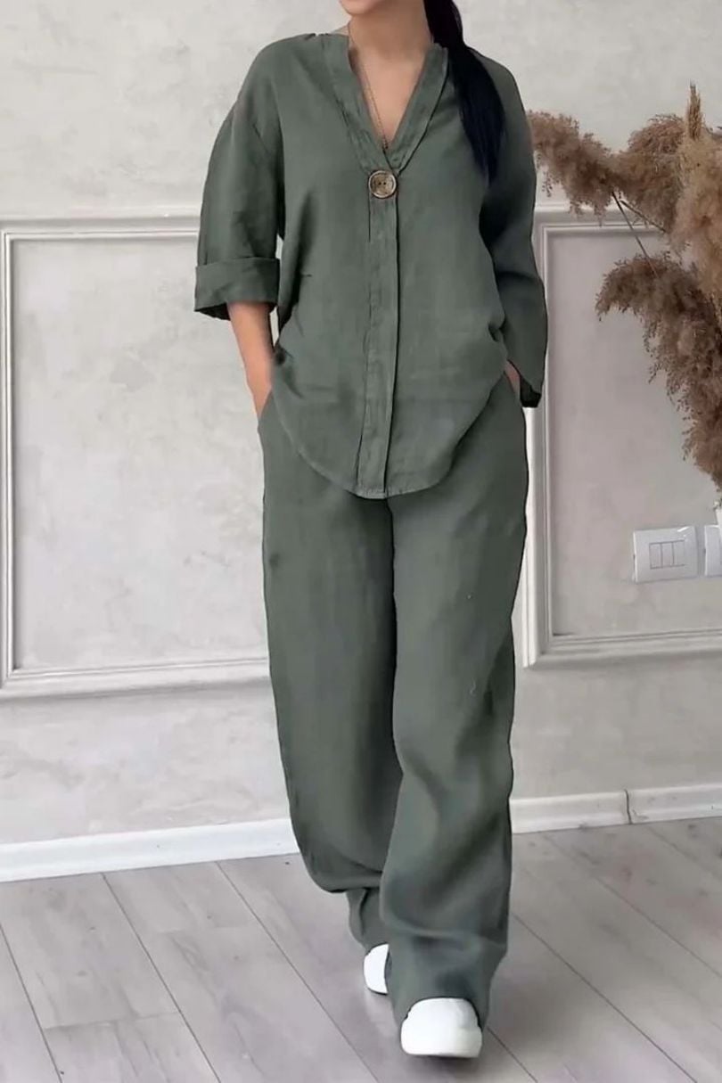 Women’s 2-Piece Set Made of Cotton &amp; Linen | V-Neck with Button Placket | Loose Fit, Long Sleeve for Everyday &amp; Leisure