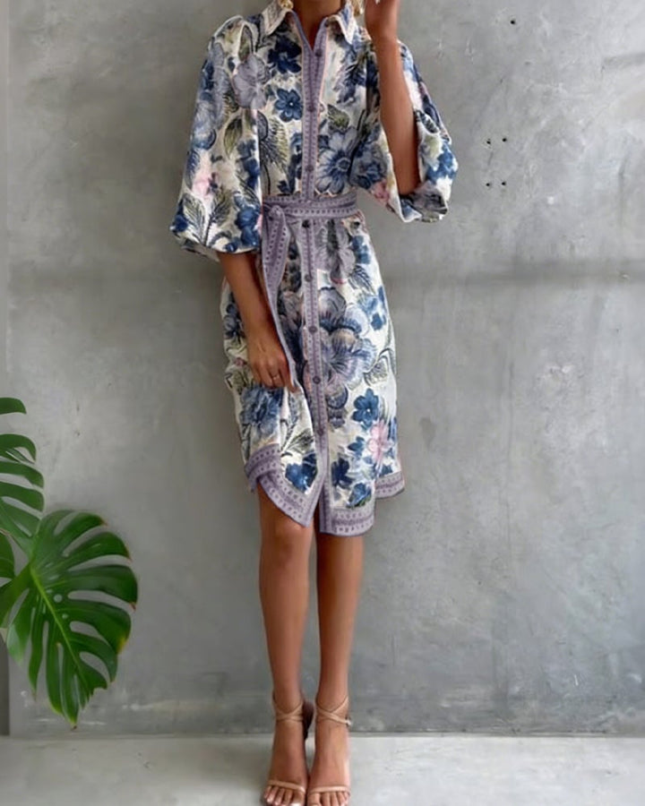 Damen A-Linien-Kleid mit Print | Knielanges Kleid mit Reverskragen und Laternenärmeln