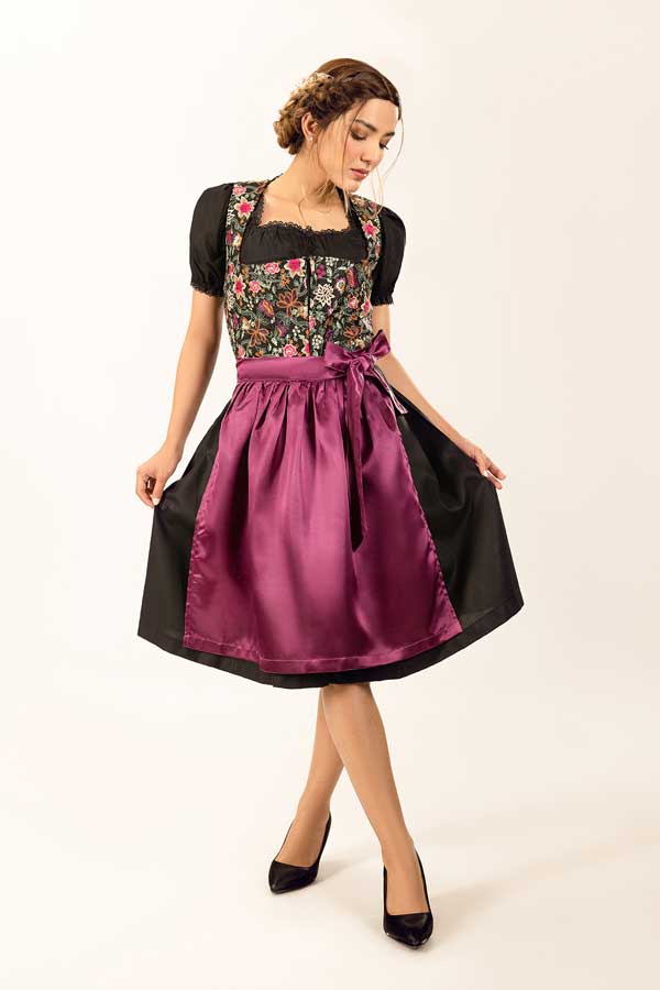 Dirndl Midi Damen Lila Floral | Trachtenkleid mit Blumenmuster, strukturiertem Mieder und Schürze für Oktoberfest