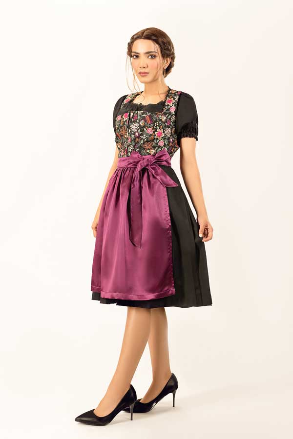 Dirndl Midi Damen Lila Floral | Trachtenkleid mit Blumenmuster, strukturiertem Mieder und Schürze für Oktoberfest