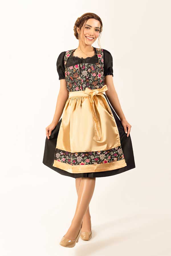 Dirndl Midi Damen Gold Floral | Trachtenkleid mit Blumenmuster, strukturiertem Mieder und Schürze für Oktoberfest