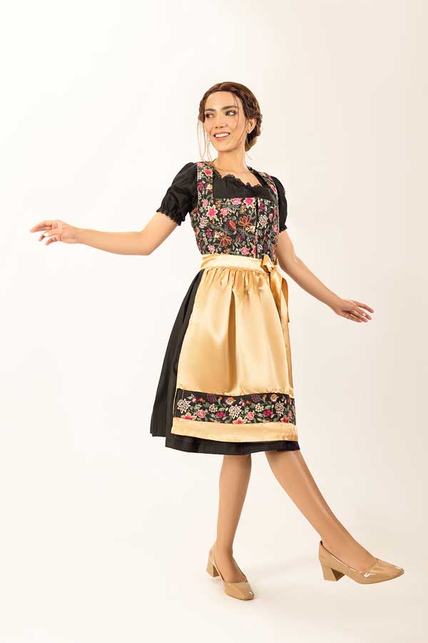 Dirndl Midi Damen Gold Floral | Trachtenkleid mit Blumenmuster, strukturiertem Mieder und Schürze für Oktoberfest