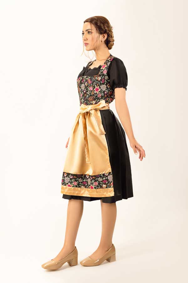Dirndl Midi Damen Gold Floral | Trachtenkleid mit Blumenmuster, strukturiertem Mieder und Schürze für Oktoberfest