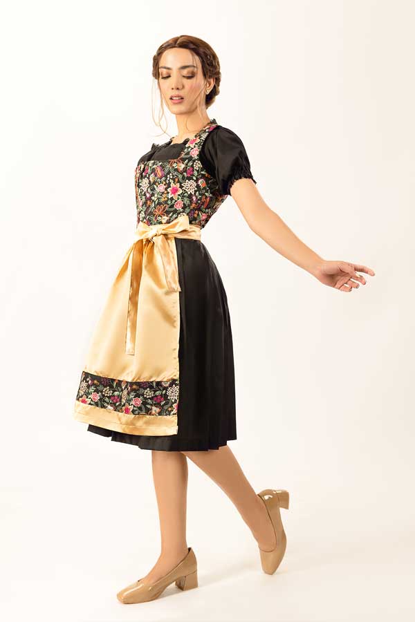Dirndl Midi Damen Gold Floral | Trachtenkleid mit Blumenmuster, strukturiertem Mieder und Schürze für Oktoberfest