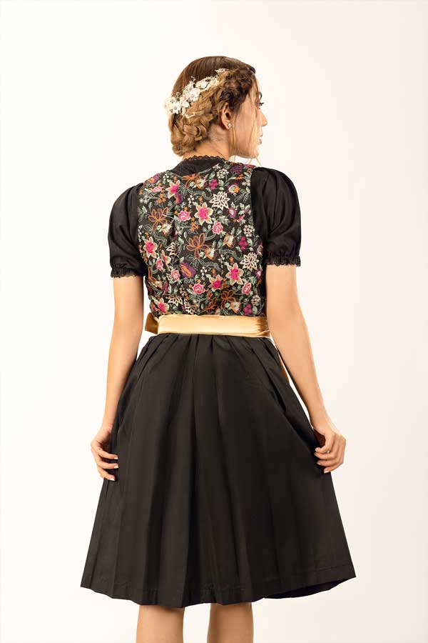 Dirndl Midi Damen Gold Floral | Trachtenkleid mit Blumenmuster, strukturiertem Mieder und Schürze für Oktoberfest