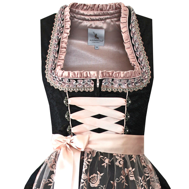 Dirndl Midi Damen | Klassisches Trachtenkleid mit Spitzenschürze, Froschmaulbordüre &amp; 60 cm Rocklänge für Oktoberfest