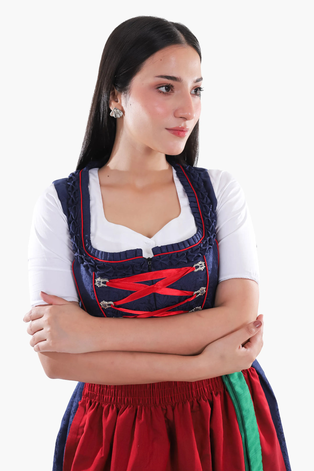 Dirndl Midi Damen | Traditionelles Trachtenkleid mit strukturiertem Mieder, Schürze und 60–70 cm Rocklänge