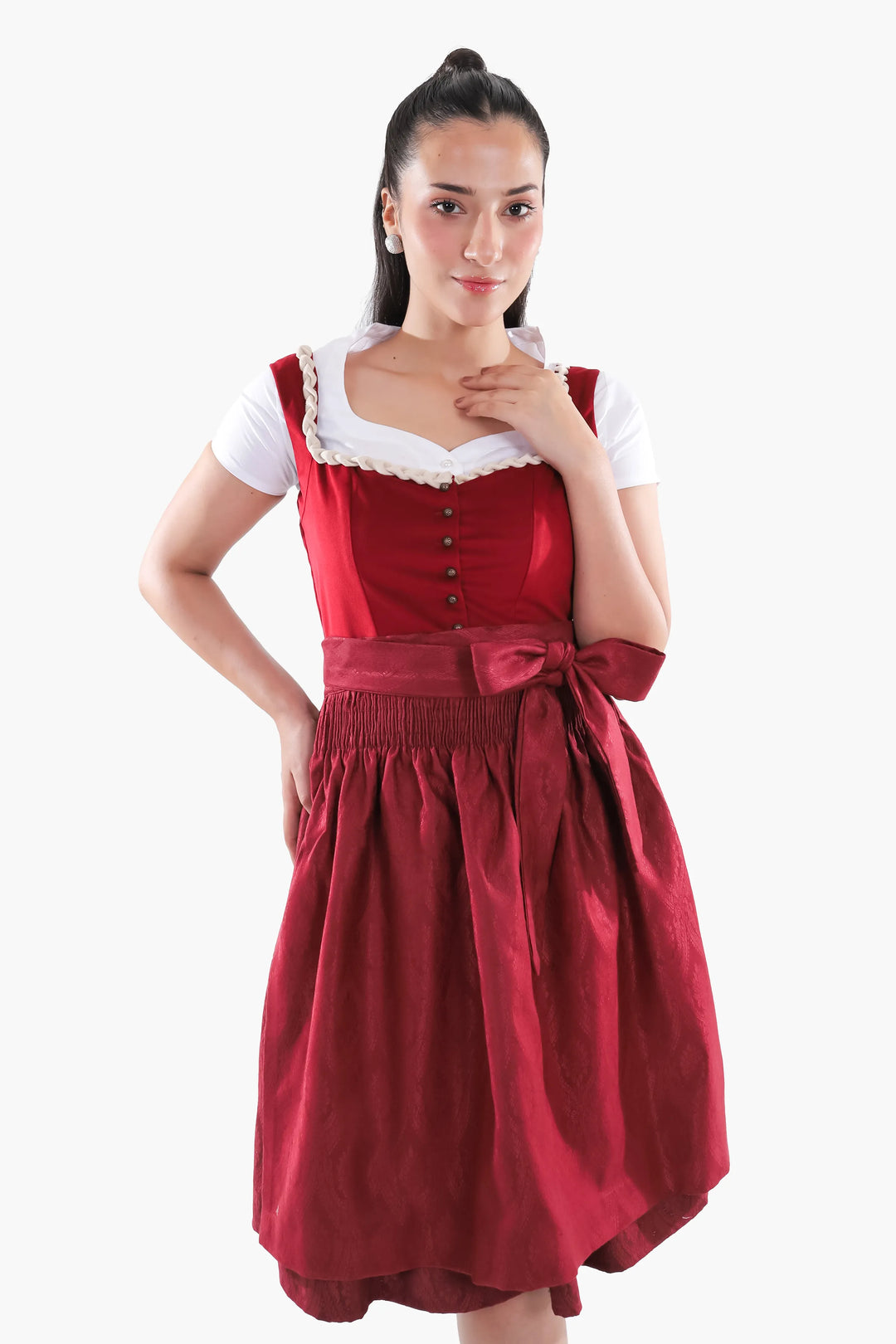 Dirndl Midi Damen | Traditionelles Trachtenkleid mit Schürze, Zierdetails und figurbetonter Passform für Oktoberfest