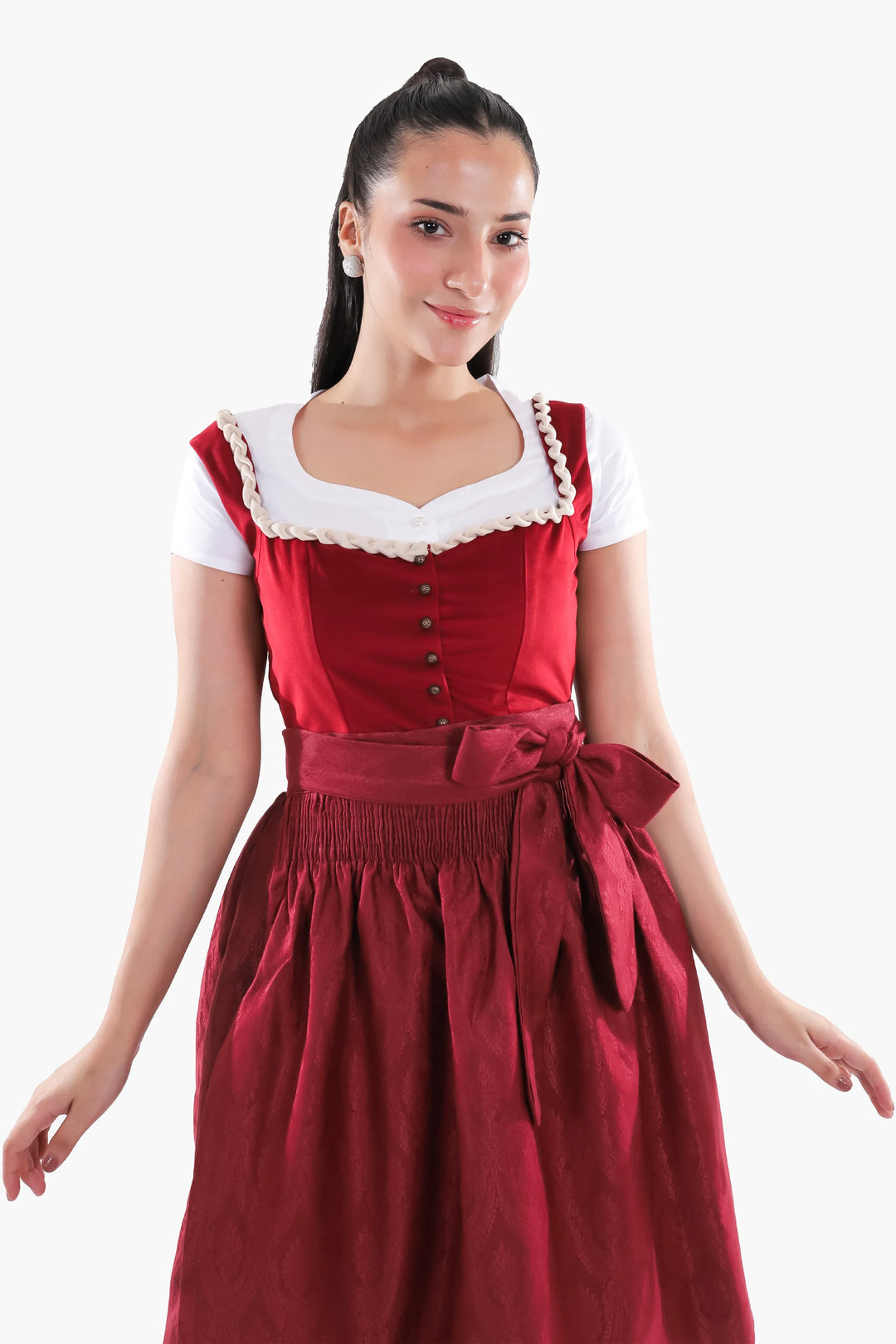 Dirndl Midi Damen | Traditionelles Trachtenkleid mit Schürze, Zierdetails und figurbetonter Passform für Oktoberfest