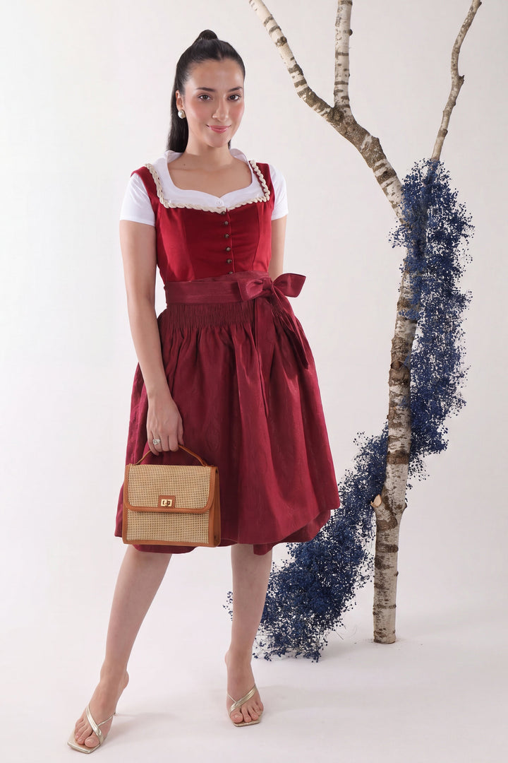 Dirndl Midi Damen | Traditionelles Trachtenkleid mit Schürze, Zierdetails und figurbetonter Passform für Oktoberfest