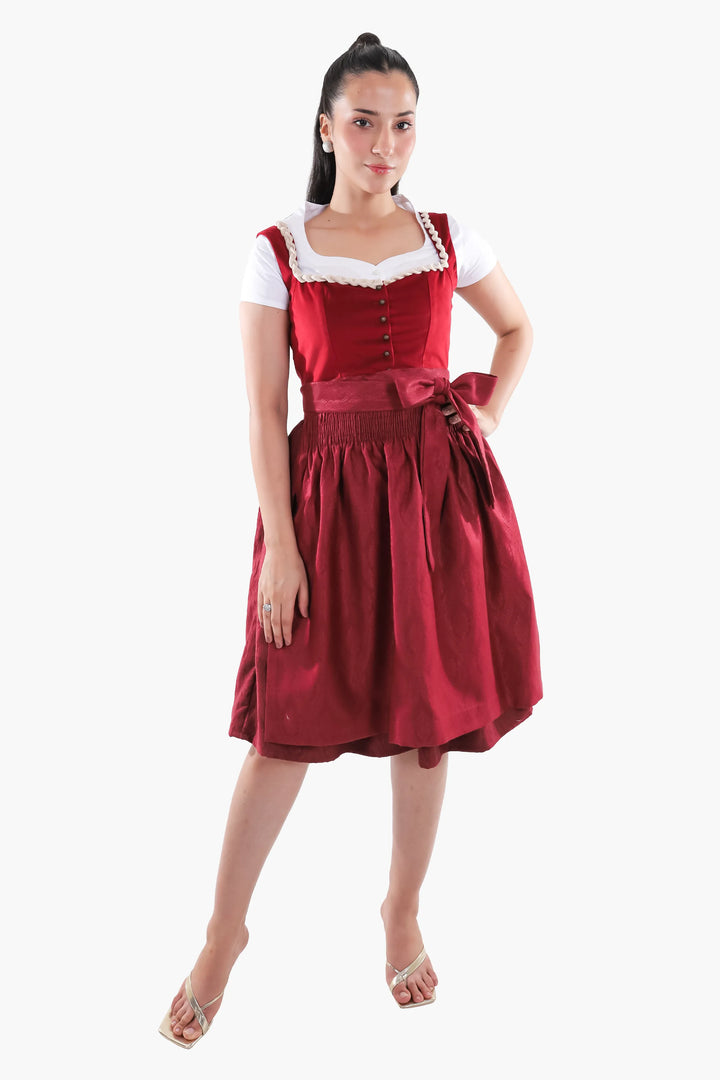 Dirndl Midi Damen | Traditionelles Trachtenkleid mit Schürze, Zierdetails und figurbetonter Passform für Oktoberfest