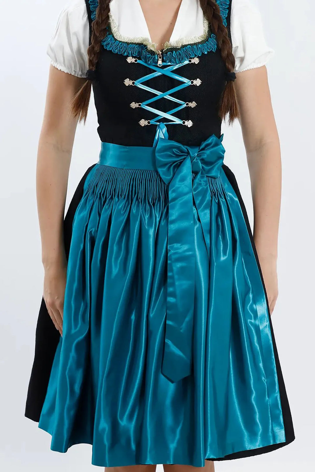 Dirndl Midi Damen | Elegantes Trachtenkleid mit Schürze, Zierdetails und figurbetonter Passform für festliche Anlässe