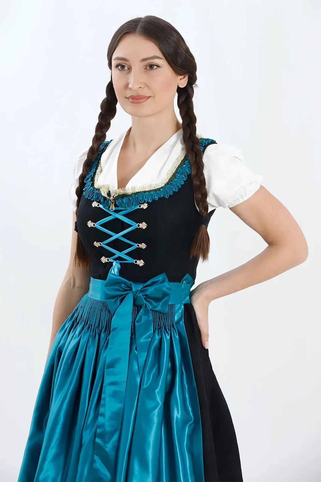 Dirndl Midi Damen | Elegantes Trachtenkleid mit Schürze, Zierdetails und figurbetonter Passform für festliche Anlässe