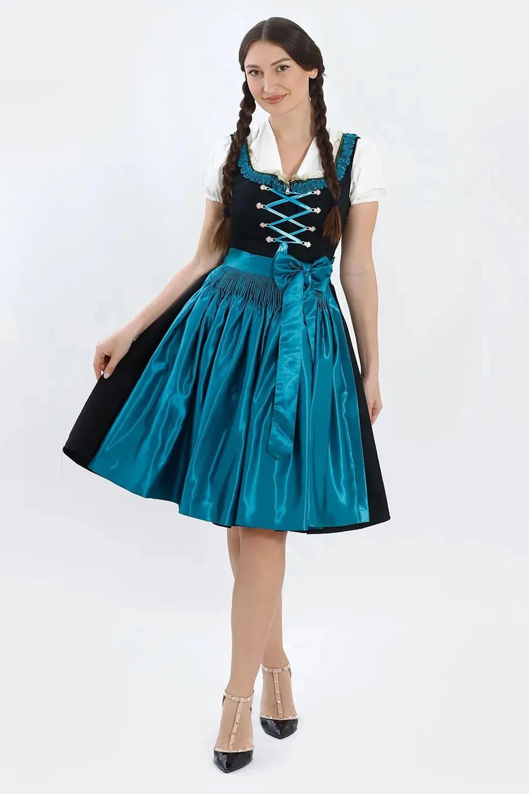 Dirndl Midi Damen | Elegantes Trachtenkleid mit Schürze, Zierdetails und figurbetonter Passform für festliche Anlässe