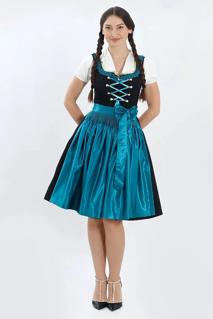 Dirndl Midi Damen | Elegantes Trachtenkleid mit Schürze, Zierdetails und figurbetonter Passform für festliche Anlässe