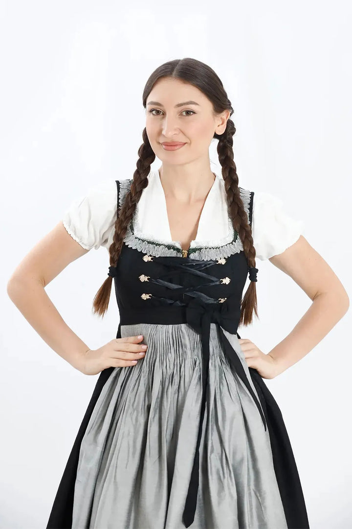 Dirndl Midi Damen | Elegantes Trachtenkleid mit Schürze, Zierdetails und figurbetonter Passform für Oktoberfest