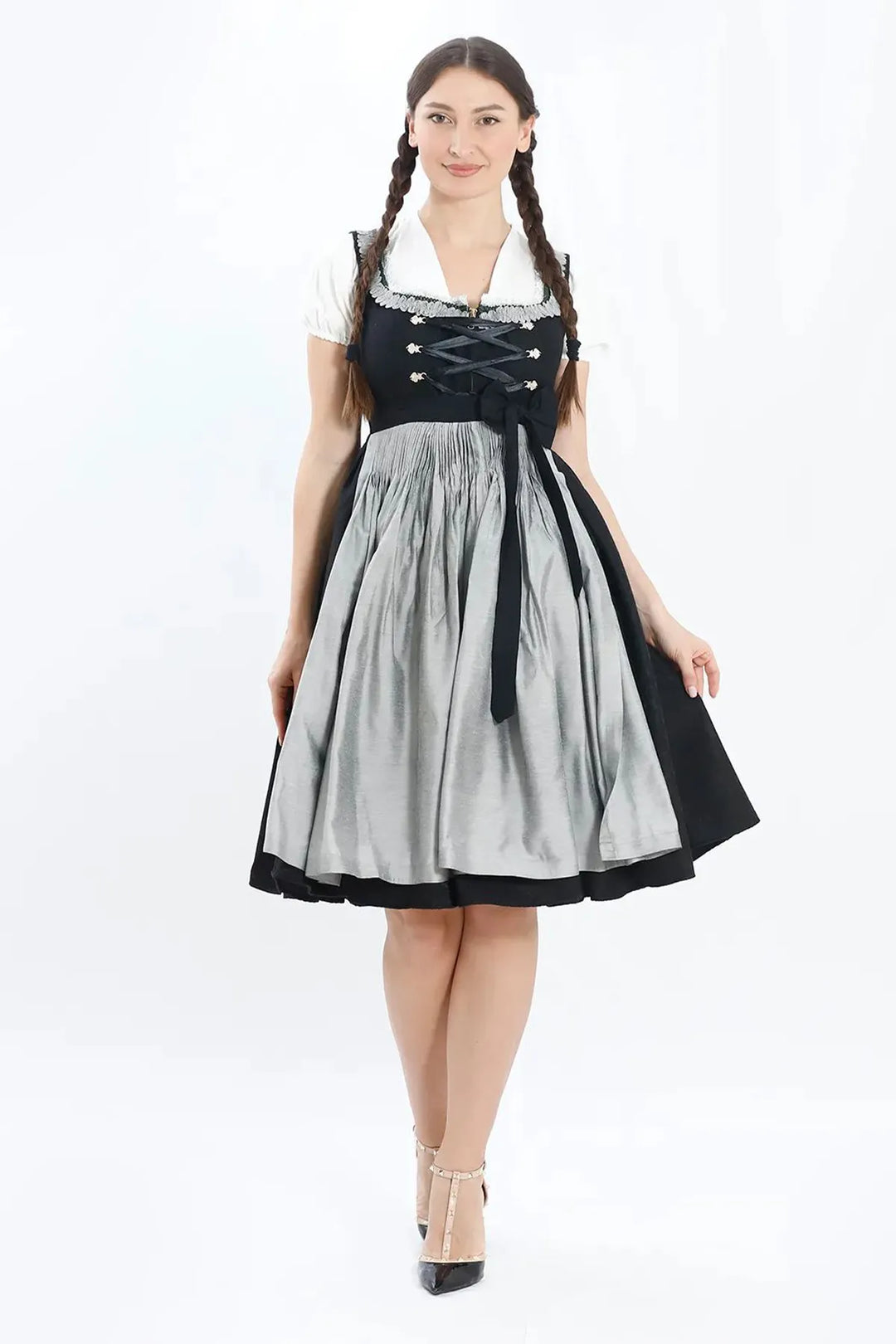 Dirndl Midi Damen | Elegantes Trachtenkleid mit Schürze, Zierdetails und figurbetonter Passform für Oktoberfest