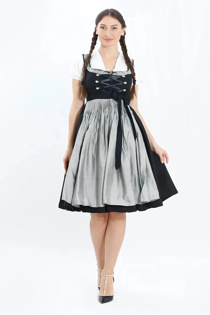 Dirndl Midi Damen | Elegantes Trachtenkleid mit Schürze, Zierdetails und figurbetonter Passform für Oktoberfest