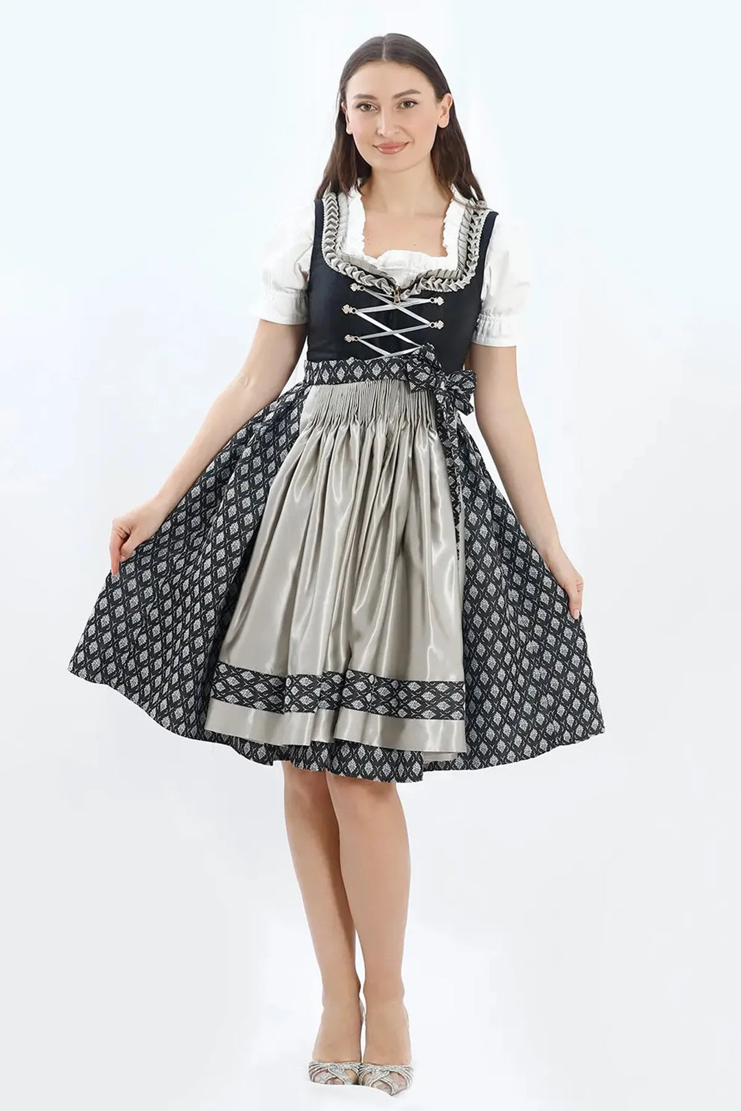 Dirndl Midi Damen | Elegantes Trachtenkleid mit Schürze, Zierdetails und figurbetonter Passform für Oktoberfest