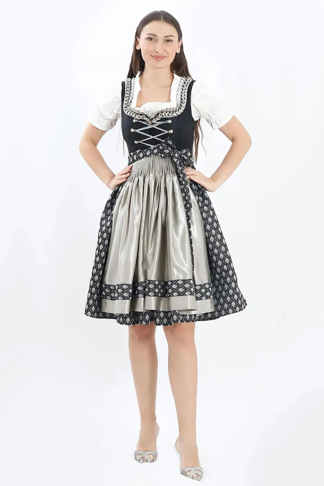 Dirndl Midi Damen | Elegantes Trachtenkleid mit Schürze, Zierdetails und figurbetonter Passform für Oktoberfest