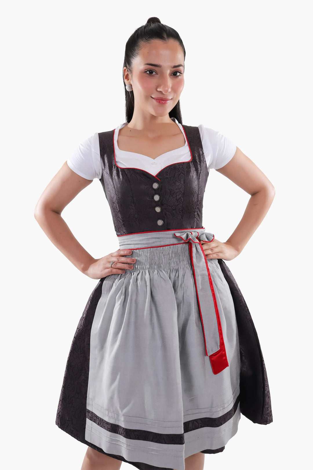 Dirndl Midi Damen Schwarz Rot | Trachtenkleid mit strukturiertem Mieder, Stickereien und Schürze für Oktoberfest
