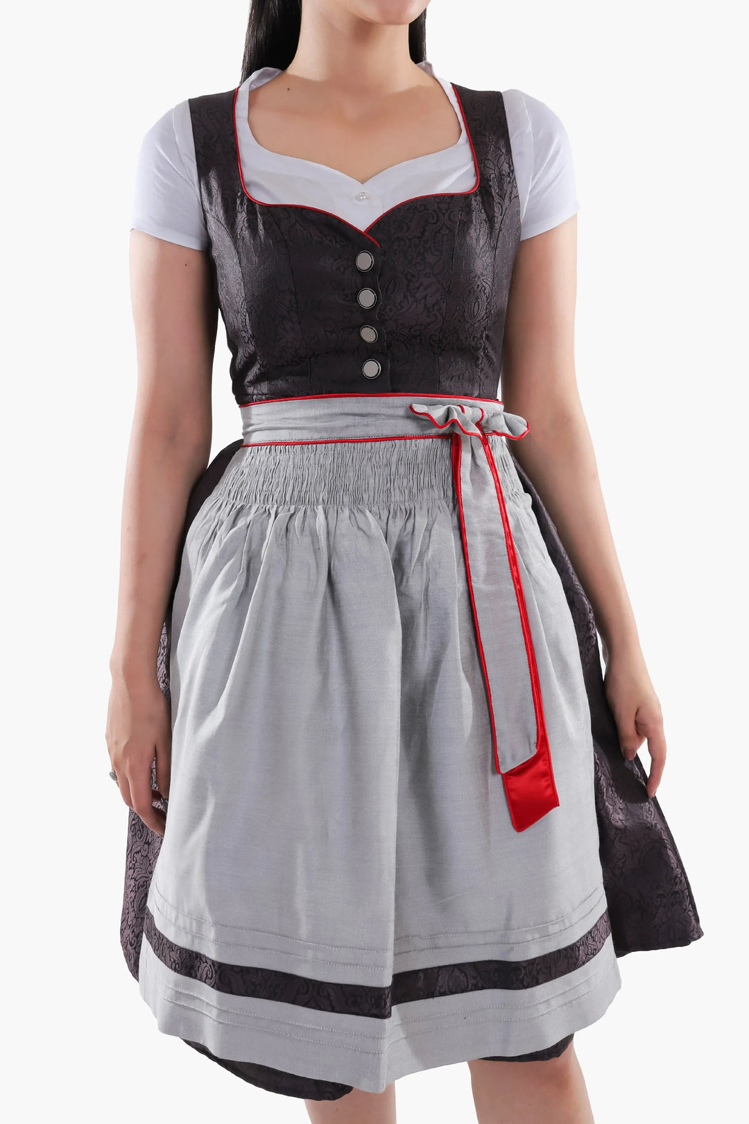Dirndl Midi Damen Schwarz Rot | Trachtenkleid mit strukturiertem Mieder, Stickereien und Schürze für Oktoberfest