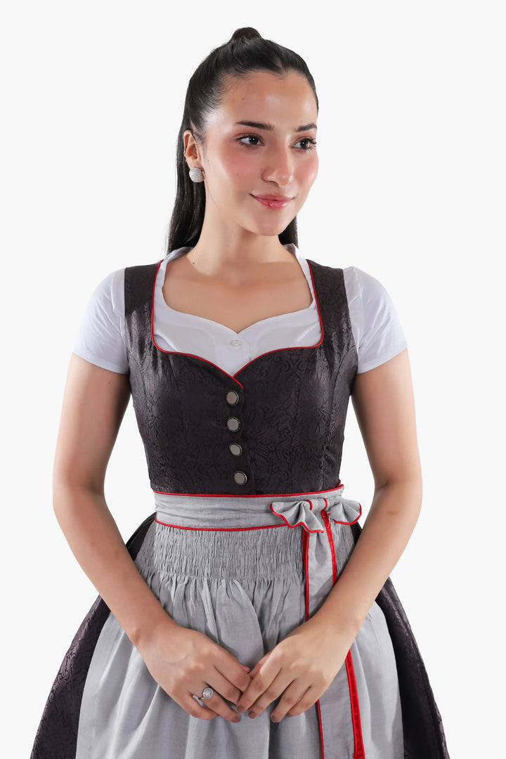 Dirndl Midi Damen Schwarz Rot | Trachtenkleid mit strukturiertem Mieder, Stickereien und Schürze für Oktoberfest