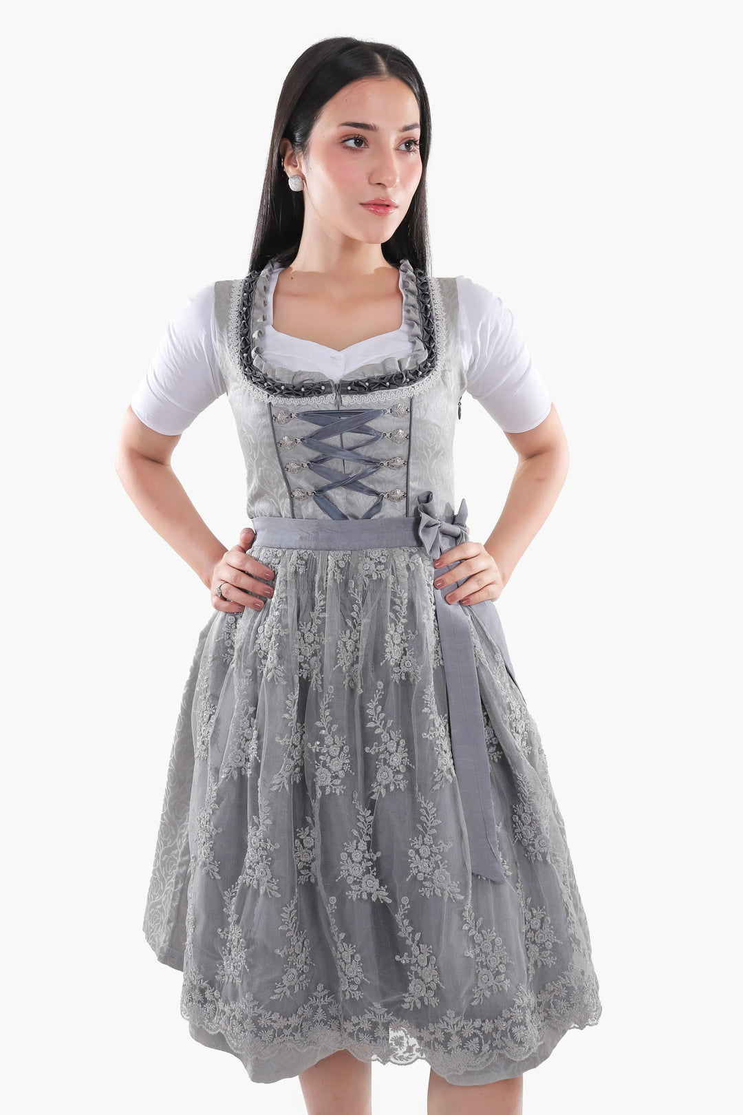 Dirndl Midi Damen | Trachtenkleid mit strukturiertem Mieder, Stickereien und Schürze für Oktoberfest