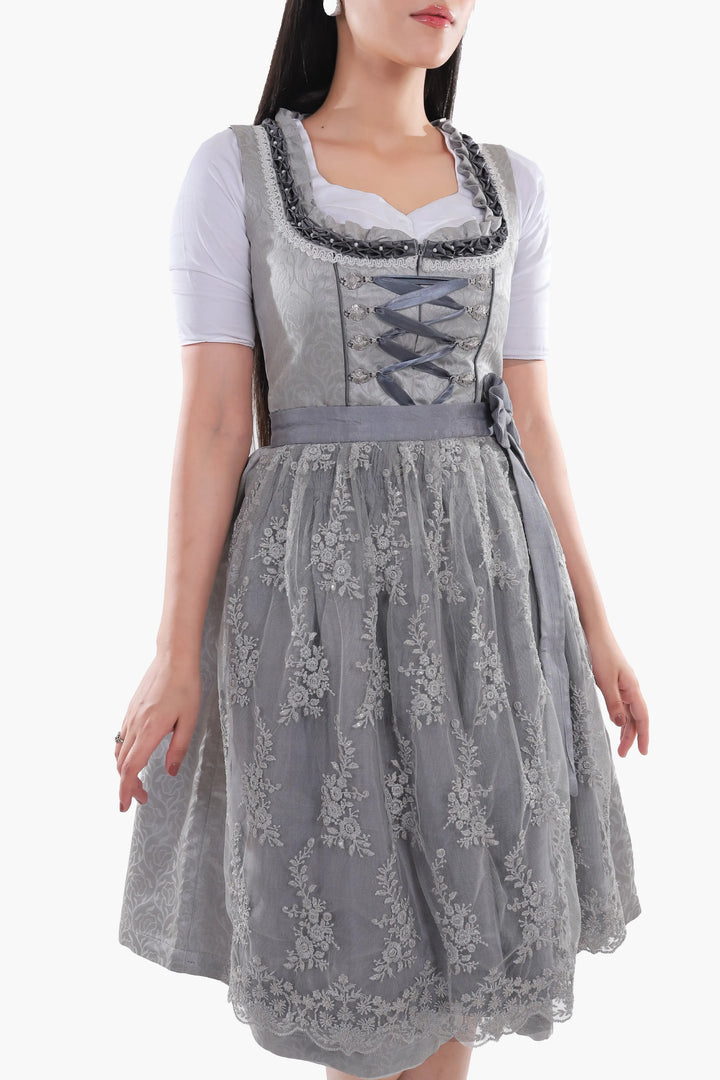 Dirndl Midi Damen | Trachtenkleid mit strukturiertem Mieder, Stickereien und Schürze für Oktoberfest