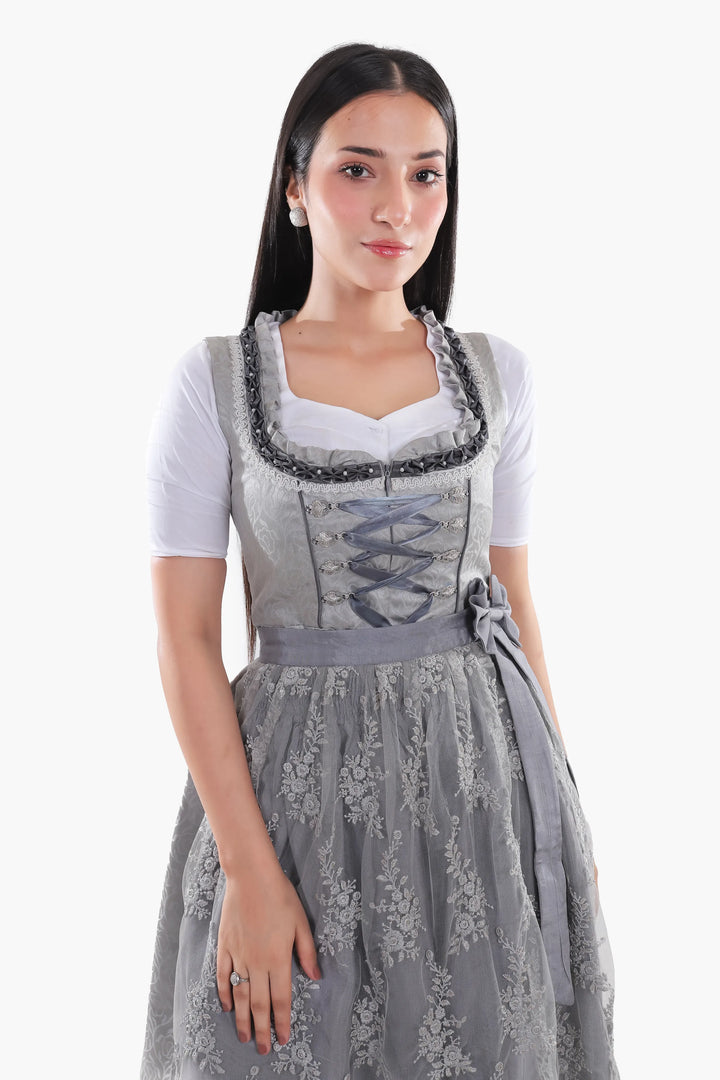 Dirndl Midi Damen | Trachtenkleid mit strukturiertem Mieder, Stickereien und Schürze für Oktoberfest