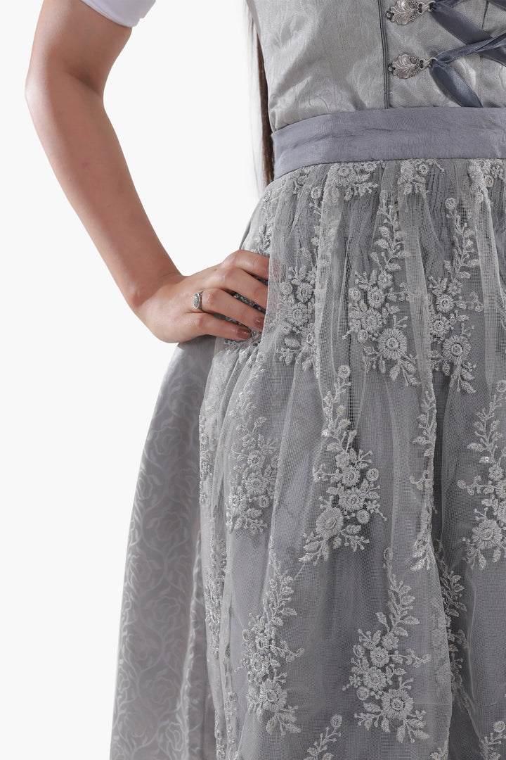 Dirndl Midi Damen | Trachtenkleid mit strukturiertem Mieder, Stickereien und Schürze für Oktoberfest