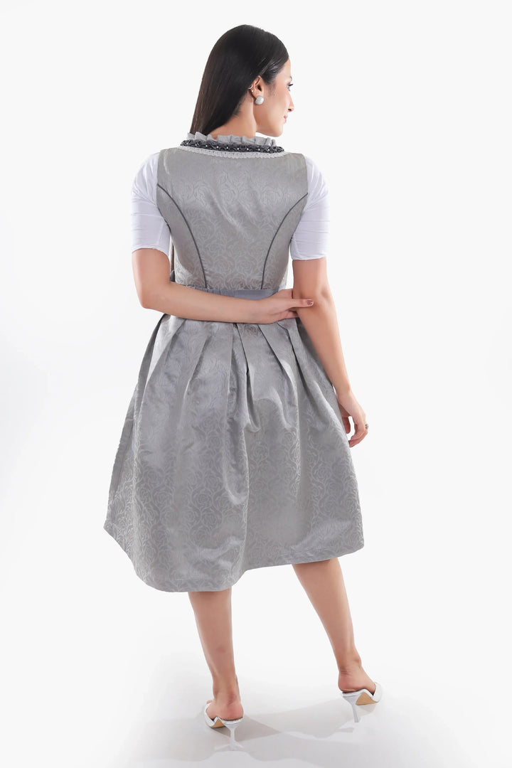 Dirndl Midi Damen | Trachtenkleid mit strukturiertem Mieder, Stickereien und Schürze für Oktoberfest