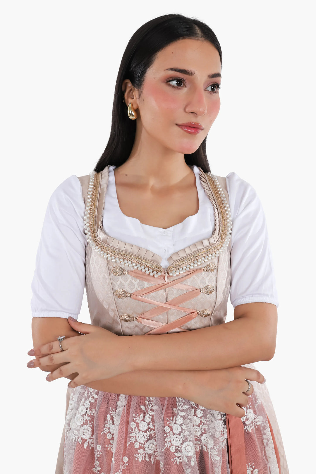 Dirndl Midi Damen Roségold | Trachtenkleid mit strukturiertem Mieder, Stickereien und Schürze für Oktoberfest