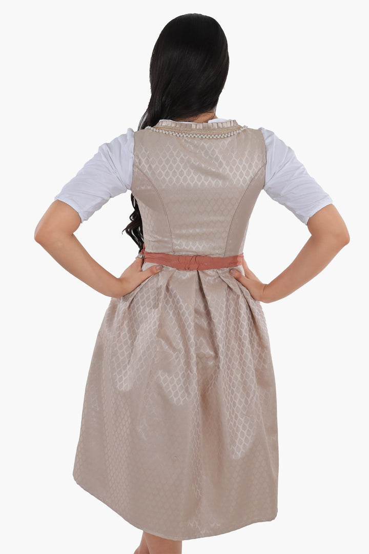 Dirndl Midi Damen Roségold | Trachtenkleid mit strukturiertem Mieder, Stickereien und Schürze für Oktoberfest