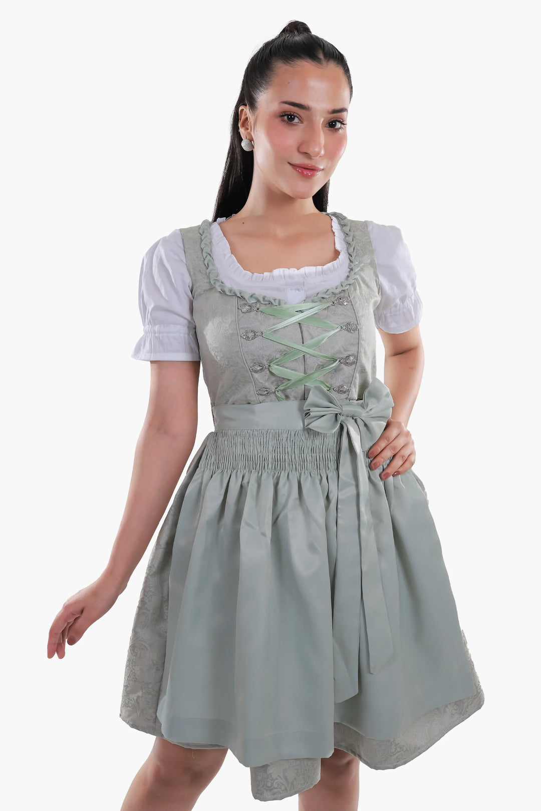 Dirndl Midi Damen Mintgrün | Trachtenkleid mit strukturiertem Mieder, Stickereien und Schürze für Oktoberfest