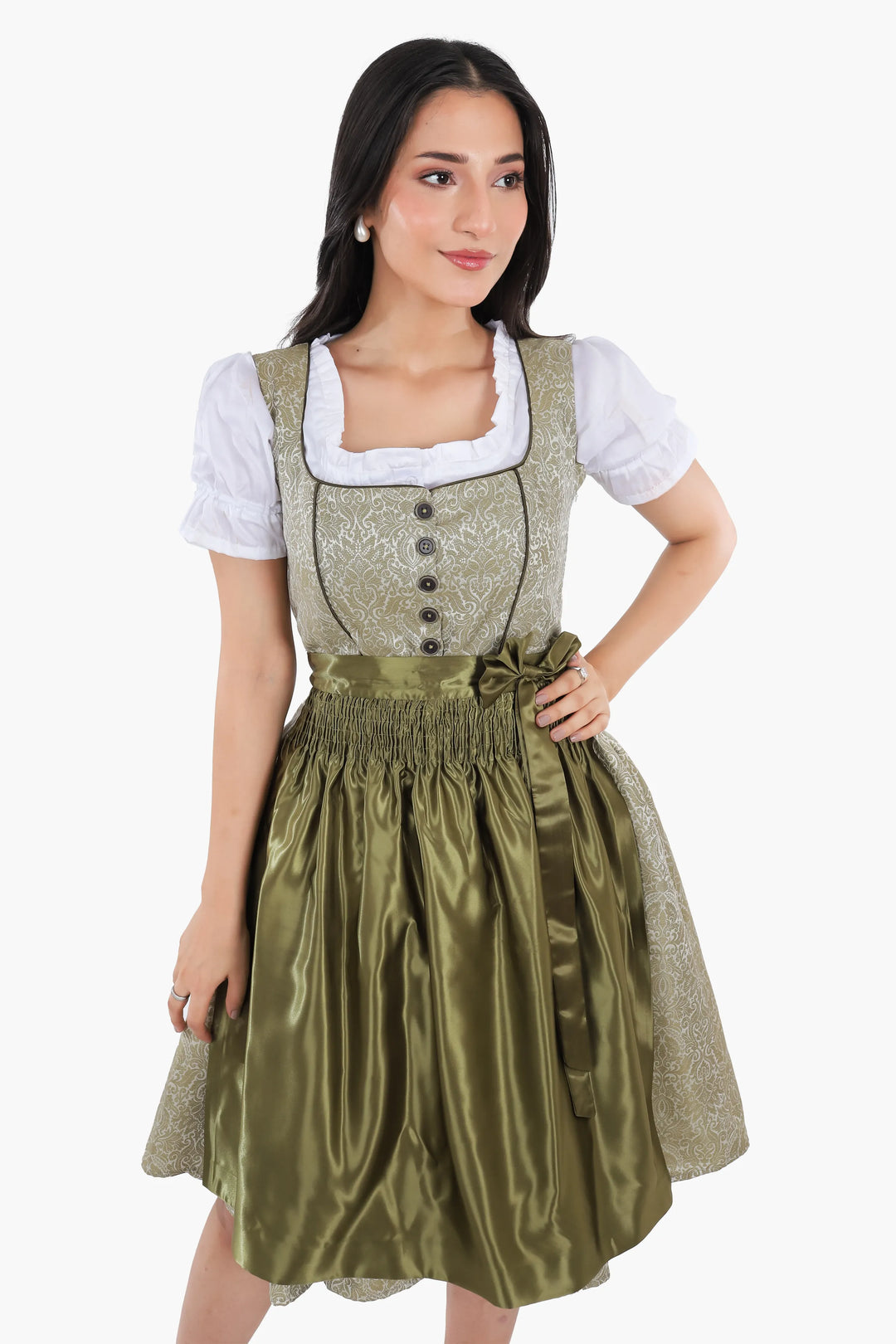 Dirndl Midi Damen Waldgrün | Trachtenkleid mit strukturiertem Mieder, Stickereien und Schürze für Oktoberfest
