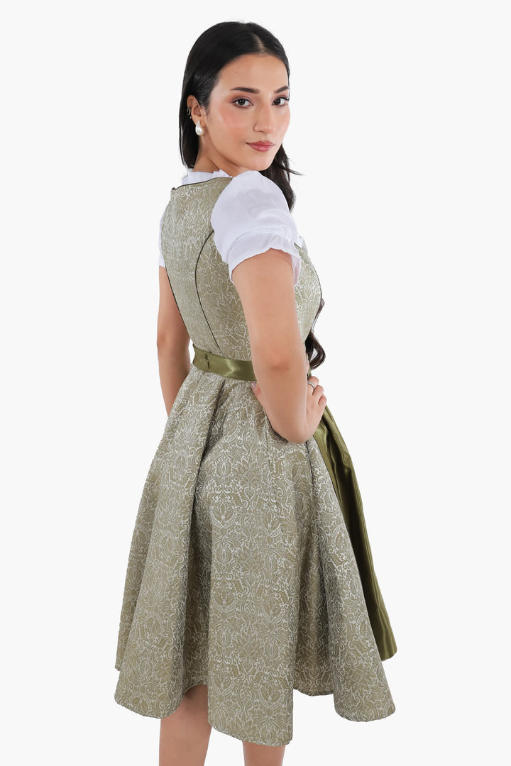Dirndl Midi Damen Waldgrün | Trachtenkleid mit strukturiertem Mieder, Stickereien und Schürze für Oktoberfest