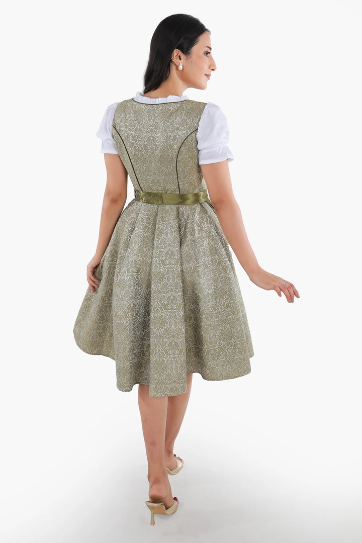 Dirndl Midi Damen Waldgrün | Trachtenkleid mit strukturiertem Mieder, Stickereien und Schürze für Oktoberfest