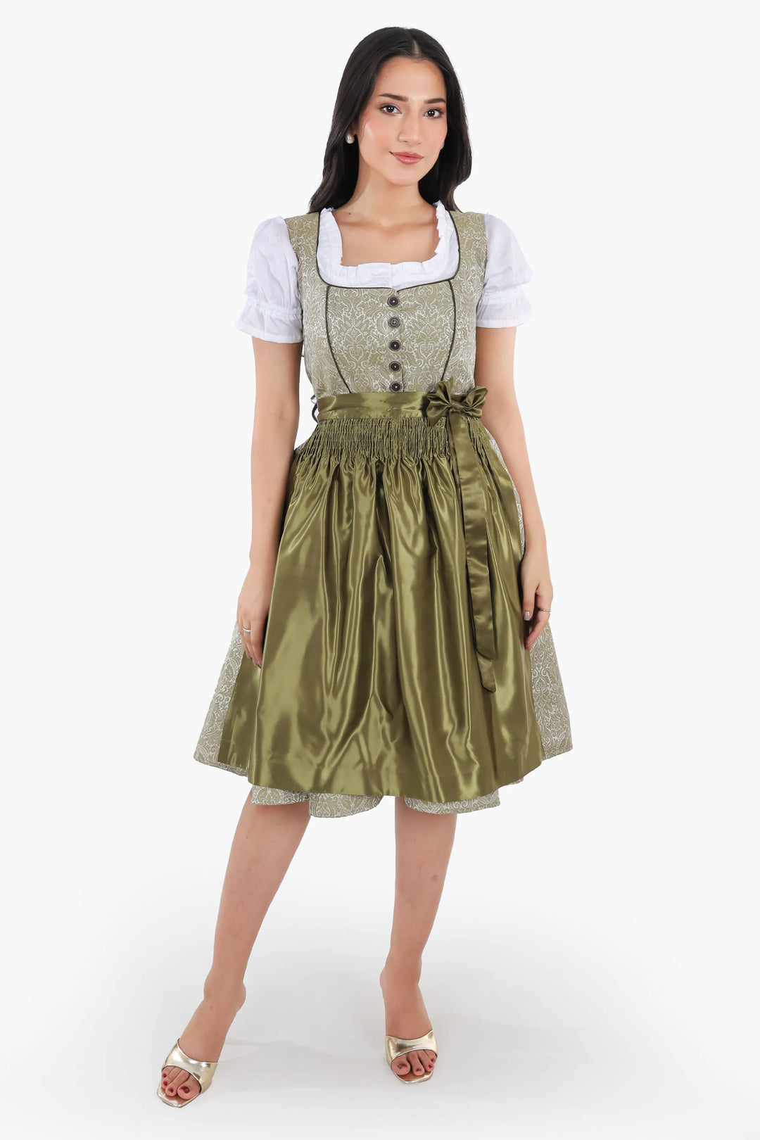 Dirndl Midi Damen Waldgrün | Trachtenkleid mit strukturiertem Mieder, Stickereien und Schürze für Oktoberfest