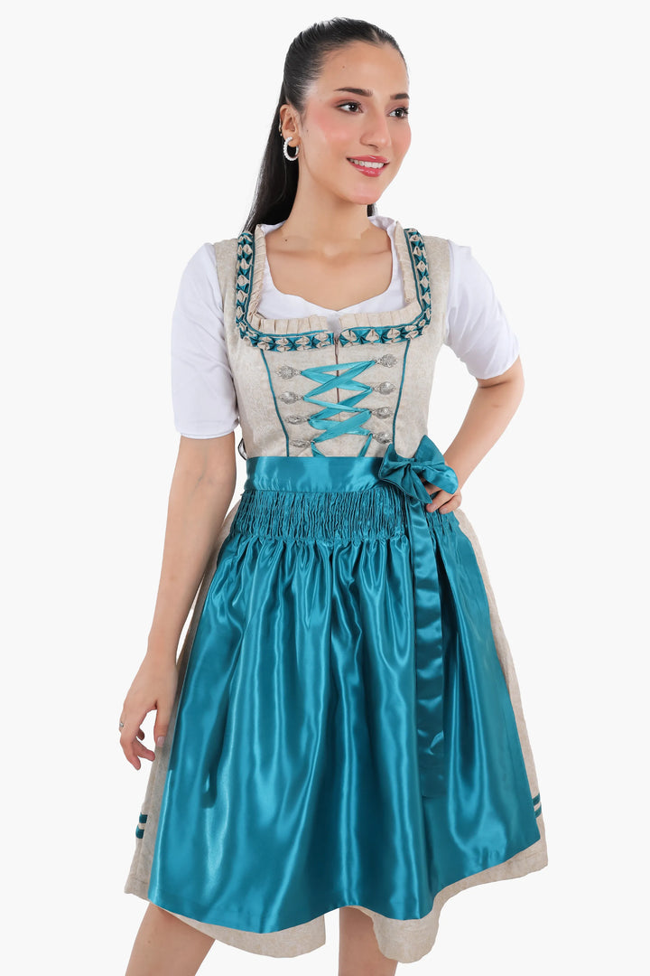 Dirndl Midi Damen | Traditionelles Trachtenkleid mit strukturiertem Mieder, Schürze und A-Linien-Rock für Oktoberfest