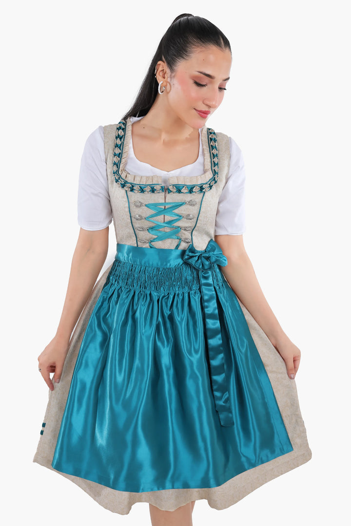 Dirndl Midi Damen | Traditionelles Trachtenkleid mit strukturiertem Mieder, Schürze und A-Linien-Rock für Oktoberfest