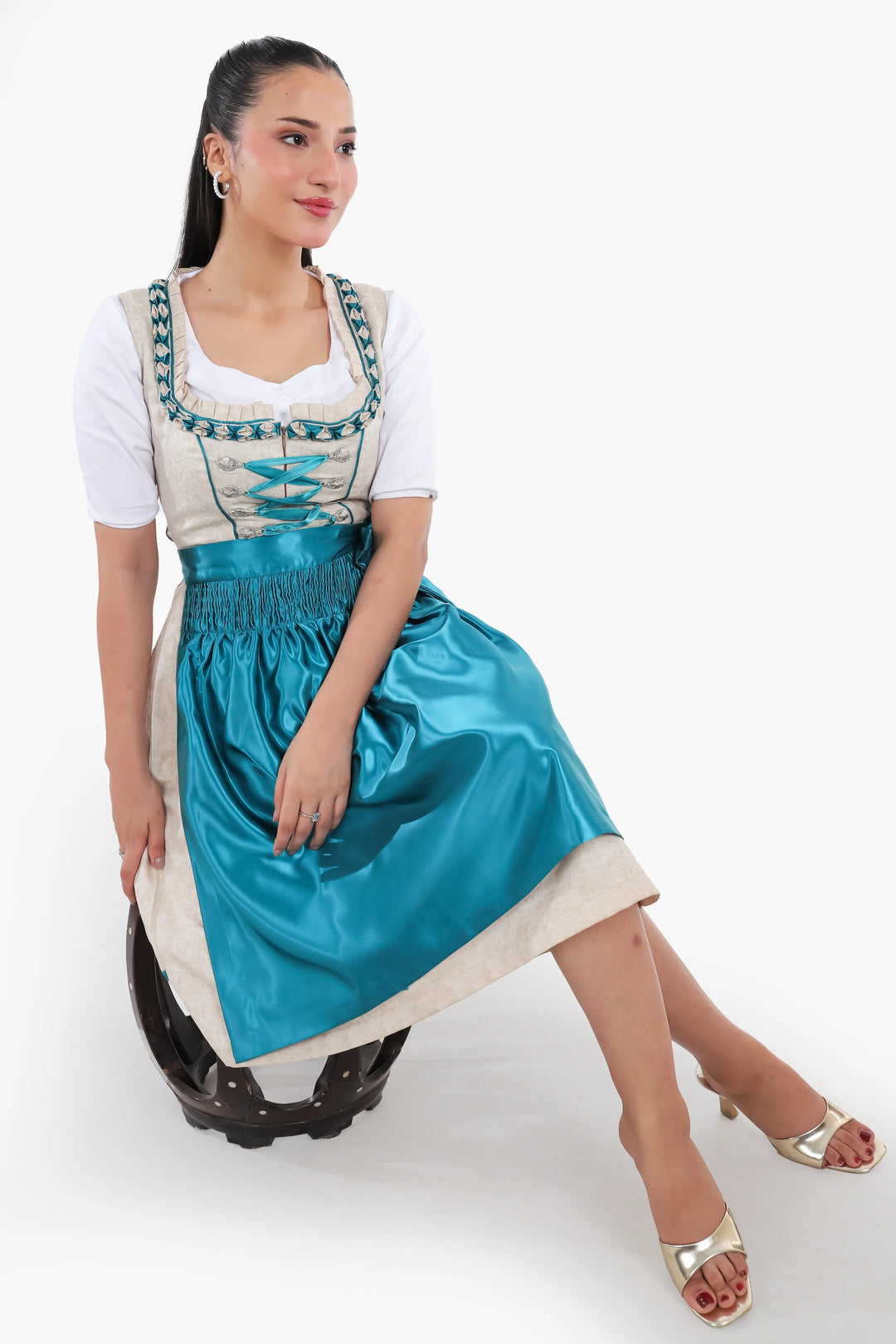 Dirndl Midi Damen | Traditionelles Trachtenkleid mit strukturiertem Mieder, Schürze und A-Linien-Rock für Oktoberfest