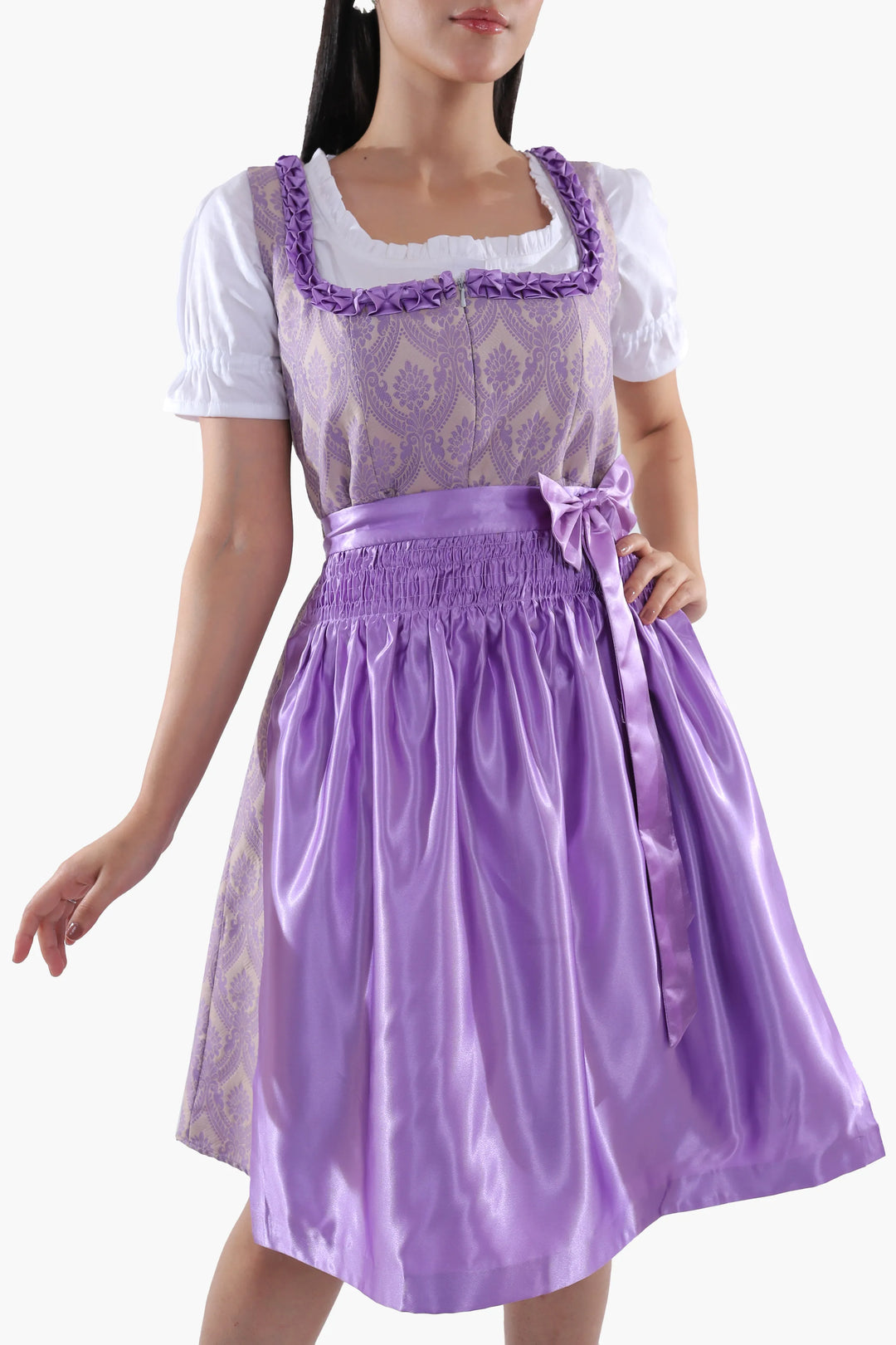 Damen Dirndl | Traditionelles Midi Trachtenkleid mit Stickerei und Schürze für Oktoberfest